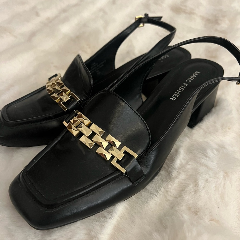 Eileen Fisher Black Flats with Gold Chain Detail